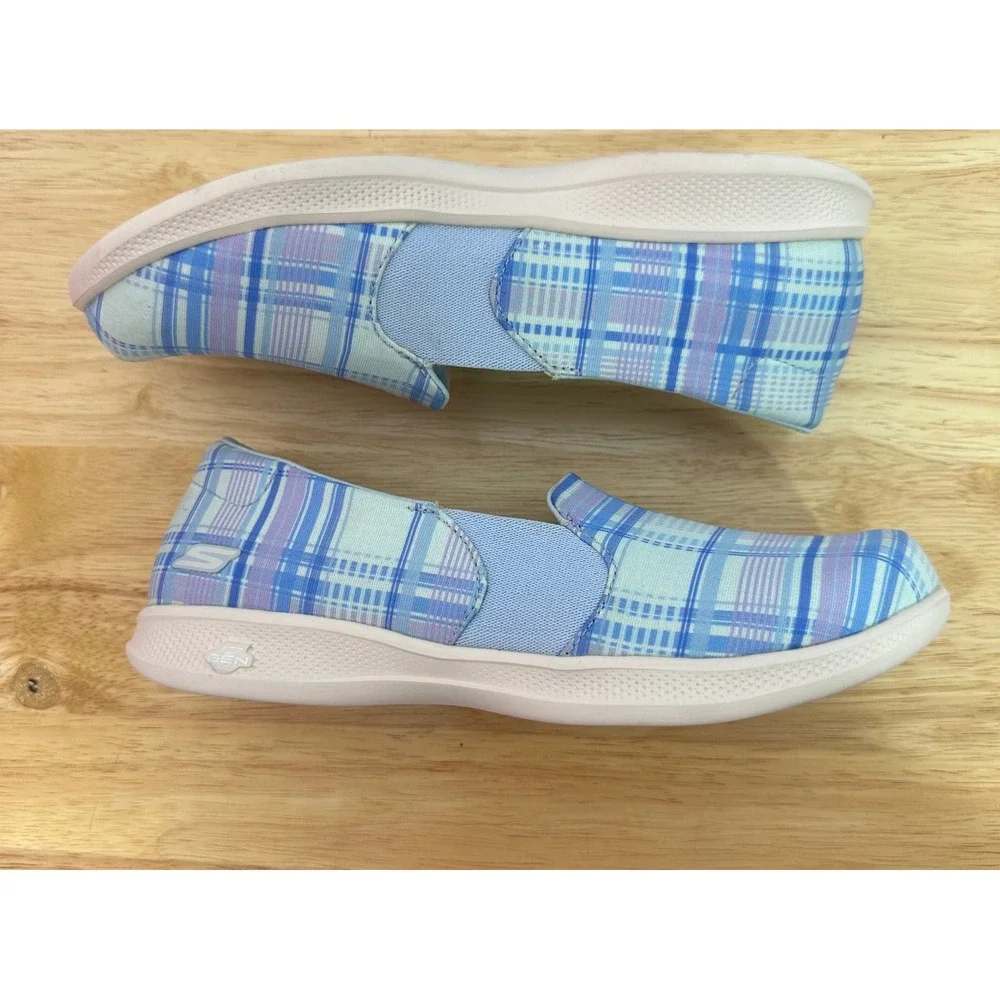 Skechers Womens Go Step Lite Vegan Plaid Slip On Sneakers 7 Washable Blue/Purple